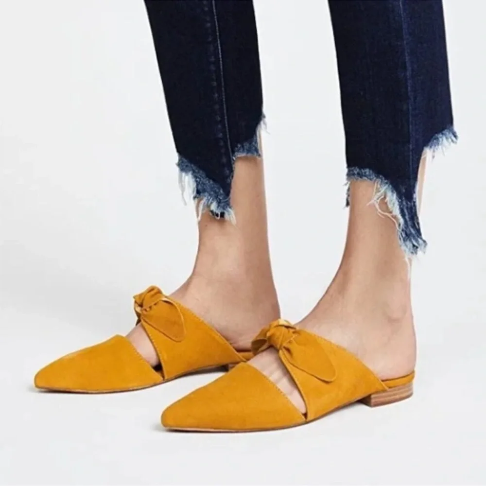 Jeffrey Campbell Genuine Leather Suede Gold Charlin Slide Slip On Bow Flats